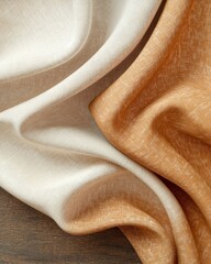 Poster - Warm mocha mousse fabric swatches on rustic wooden surface textures cozy home decor inspiration natural setting close-up view