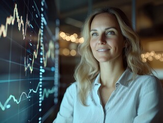 Poster - Businesswoman analyzing project insights in modern office data visualization professional environment optimistic viewpoint