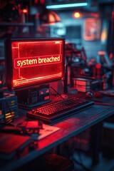 Poster - Warning alert displays system breached in dimly lit tech workspace at night