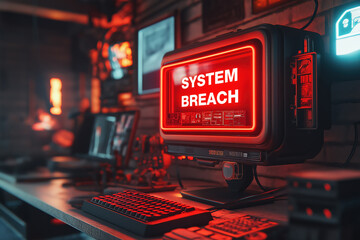 Poster - Red glowing computer displays system breach alert in a dimly lit cyber workspace