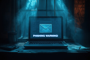 Poster - Warning about phishing attacks on a laptop in a dimly lit room at night