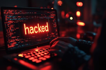 Poster - Dark room displays hacked message on laptop screen while hands type on keyboard