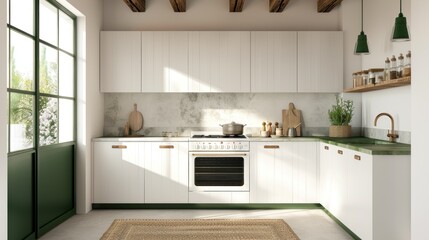 Wall Mural - Bright kitchen with white cabinetry, green details, and sunlight streaming through large windows enhances a welcoming atmosphere