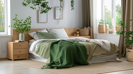 Wall Mural - Spacious bedroom showcases a wooden bed, green bedding, and potted plants creating a serene and tranquil environment