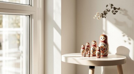 Traditional Russian nesting dolls displayed on white table near window