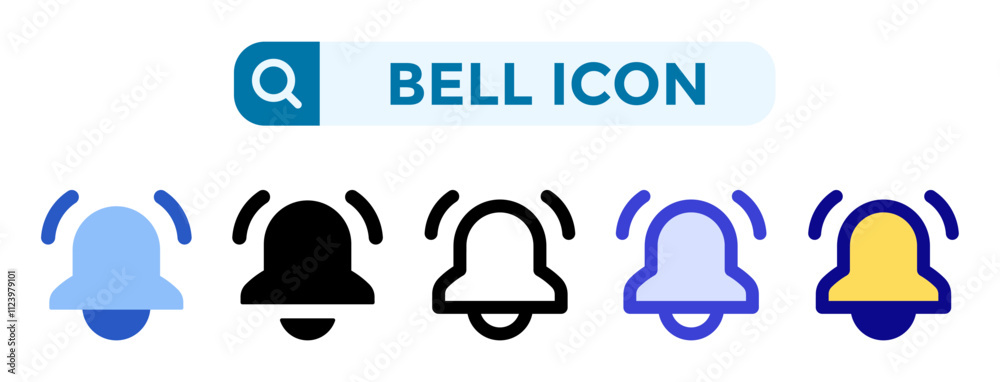 Bell icons in 5 different vector illustration styles. Settings icons in ...
