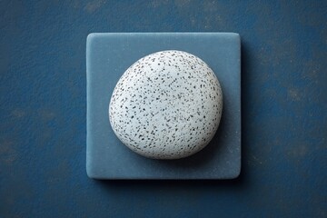Poster - Smooth speckled stone resting on a square blue surface with a textured background