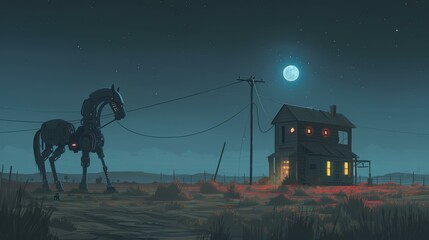 Wall Mural - a robotic horse stands in a field under a full moon, next to a house with lit windows. ai.