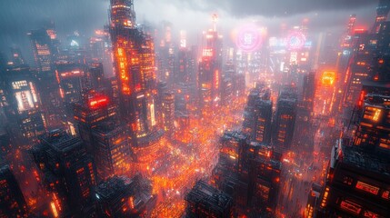 Poster - Futuristic cityscape with vibrant lights and a moody atmosphere.