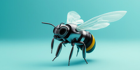 Aufkleber - Metallic robot bee flying on turquoise background