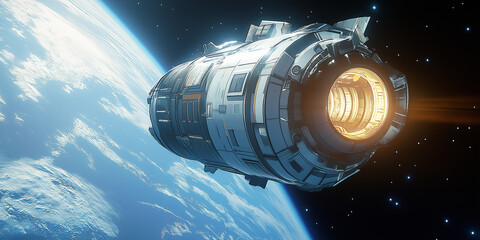 Poster - Spaceship entering earth orbit with plasma engine activating