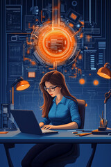 Poster - Software engineer developing innovative software with futuristic interface and digital background