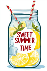 Poster - Refreshing summer lemonade in a mason jar with ice and mint