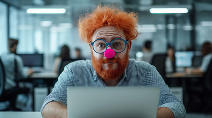 Poster - Office worker wearing clown nose and glasses using laptop computer