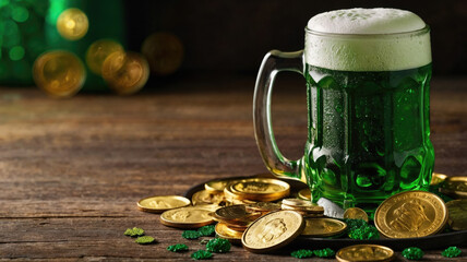 A festive St. Patrick's Day image with a mug of green beer and gold coins is perfect for celebrating Irish culture and traditions.