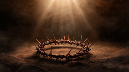 Wall Mural - Crown of thorns lies on ground with light beams shining down in cave