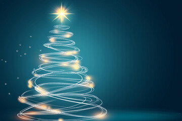 Poster - Christmas tree shining with golden lights on teal background