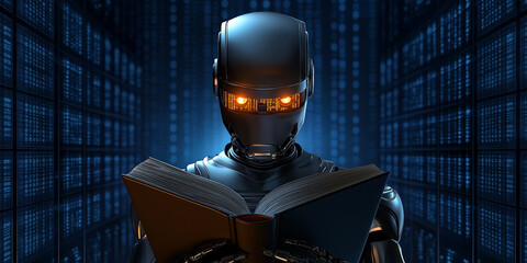 Leinwandbilder - Robot reading book learning artificial intelligence inside server room