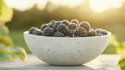 Canvas Print - A rustic bowl brimming with plump blackberries sits amid a sunlit garden, showcasing nature's bounty during a serene morning