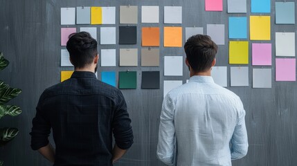 Poster - Two individuals observe a colorful wall of color swatches, engaged in a creative design discussion.