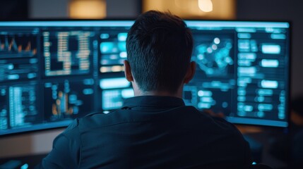 Poster - A person analyzes data on multiple screens in a dark room, surrounded by vivid graphical displays and statistics.
