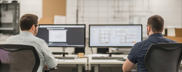 Poster - Two professionals working at desks with dual monitors, focused on their screens in a modern office environment.