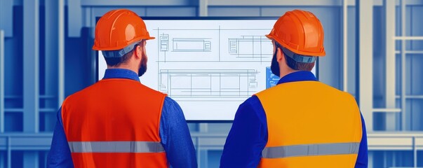 Poster - Two construction workers in safety gear examine blueprints on a screen in a modern work environment.