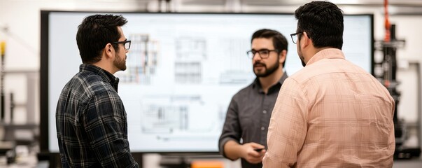 Poster - Three professionals engage in a discussion in front of a large screen displaying technical diagrams, fostering collaboration and innovation.