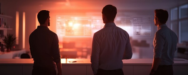 Poster - Three professionals observe a glowing digital display in a modern office, highlighting teamwork and innovation in a tech-driven environment.