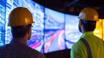 Poster - Two workers in hard hats observe large digital displays, showcasing data and analytics in a high-tech environment.