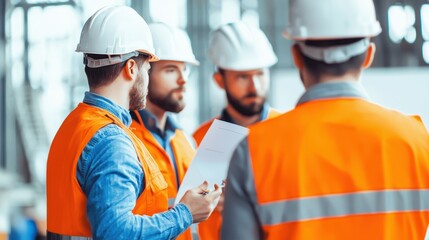 Poster - Four construction workers in safety gear discuss plans, emphasizing teamwork and safety in a construction environment.