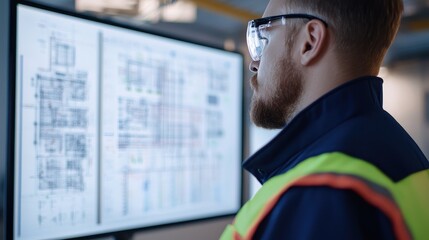Poster - a man in safety gear examines technical drawings on a screen, demonstrating a focus on construction 