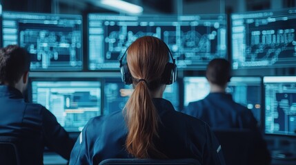 Poster - A team of professionals in headsets monitors multiple computer screens displaying data and graphics in a high-tech control room.
