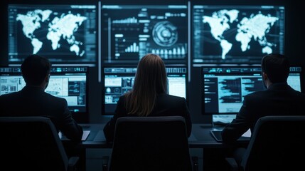 Poster - A group of professionals monitors multiple high-tech screens displaying data and global maps in a dark, modern control room.
