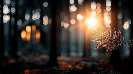 Poster - A tranquil forest scene illuminated by warm sunlight filtering through trees.