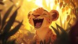 © logyartstudios - Happy cheetah cub laughing in sunlight, surrounded by lush foliage.