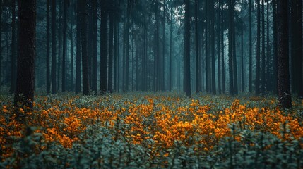 Poster - A serene forest scene featuring vibrant orange flowers amidst lush green foliage.