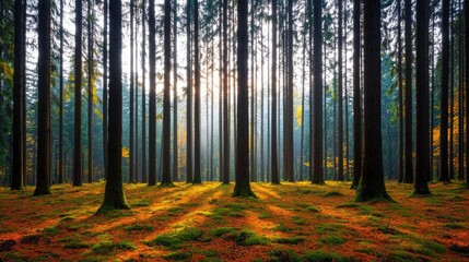 Poster - A serene forest scene with tall trees illuminated by gentle sunlight filtering through.