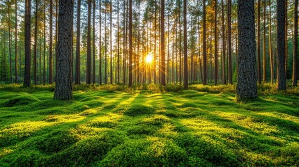 Poster - Sunlight filters through trees, illuminating a lush green forest landscape.