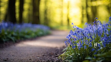 Poster - A serene forest path lined with vibrant blue flowers, capturing nature's beauty.