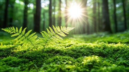 Poster - Sunlight filters through trees, illuminating lush ferns in a vibrant green forest.