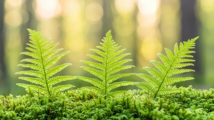 Poster - Three vibrant green ferns growing in a sunlit forest environment.