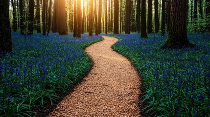 Poster - A serene forest path surrounded by vibrant green trees and blooming blue flowers.