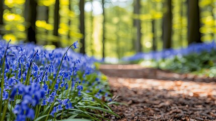 Poster - Beautiful bluebells lining a serene forest path surrounded by lush greenery.