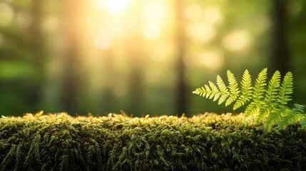 Poster - A vibrant green fern growing on a mossy log in a sunlit forest, showcasing nature's beauty.