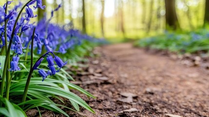 Poster - A serene pathway lined with blooming bluebell flowers in a lush, green forest.