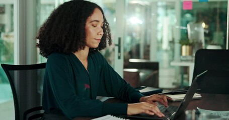 Poster - Laptop, reading and typing with designer woman in office for website programming or troubleshooting. Computer, research and web development with creative employee in workplace for software coding