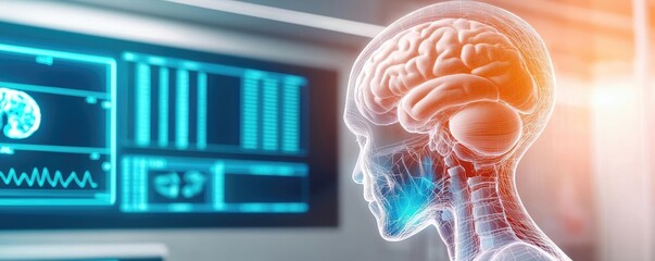 Aufkleber - Futuristic representation of a human brain with digital data visualization.