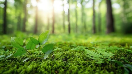 Poster - A serene green forest scene with soft sunlight filtering through foliage.