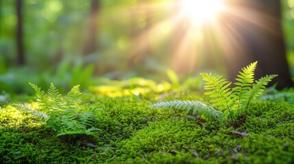 Poster - Close-up of vibrant ferns and moss illuminated by warm sunlight in a lush forest.